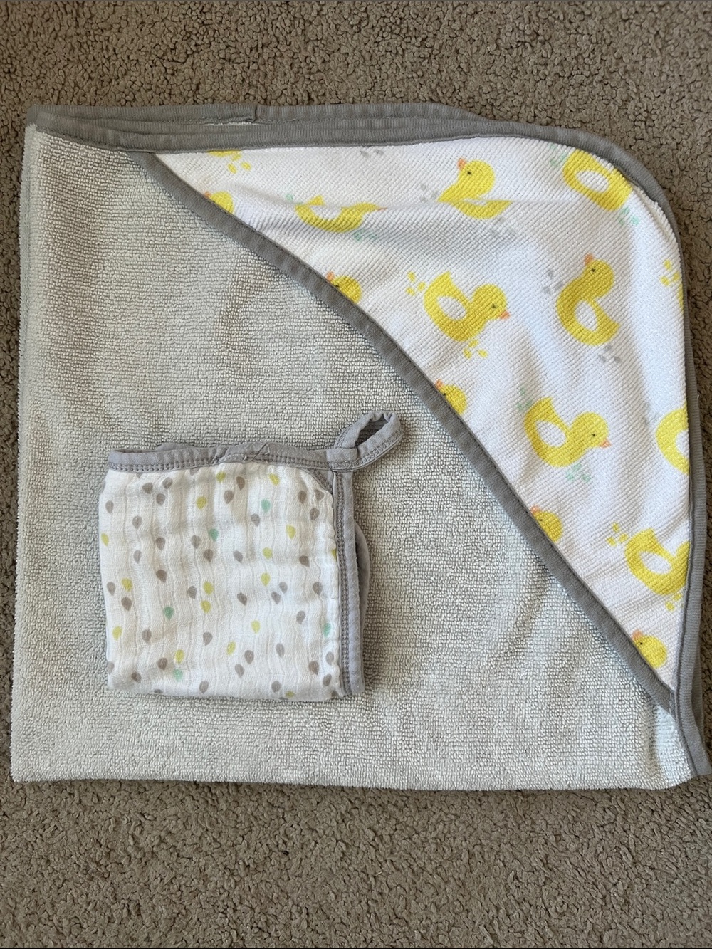 Yellow Duck Hooded Baby Towel and Washcloth Set - Gray Trim